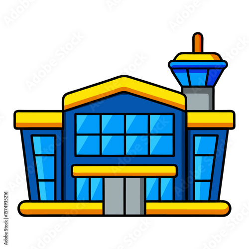 Blue airport building with yellow accents and control tower terminal aviation