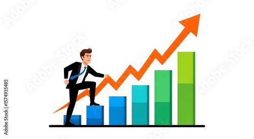 Businessman Ascending Success Graph, Financial Growth and Achievement Chart with Figure, Business Man Climbing Increasing Graph