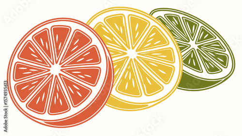 Illustration of fresh citrus fruit slices grapefruit lemon and lime vector graphic design for healthy eating 100
