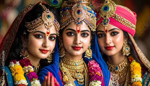 Wallpaper Mural Three women, adorned in elaborate Hindu-inspired jewelry and vibrant colors,  pose close together Torontodigital.ca