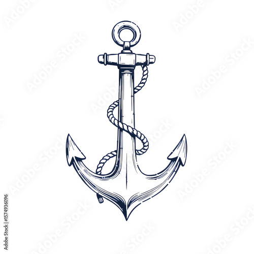 A stylized blue anchor with a rope wrapped around it on a solid white background image design on transparent background
