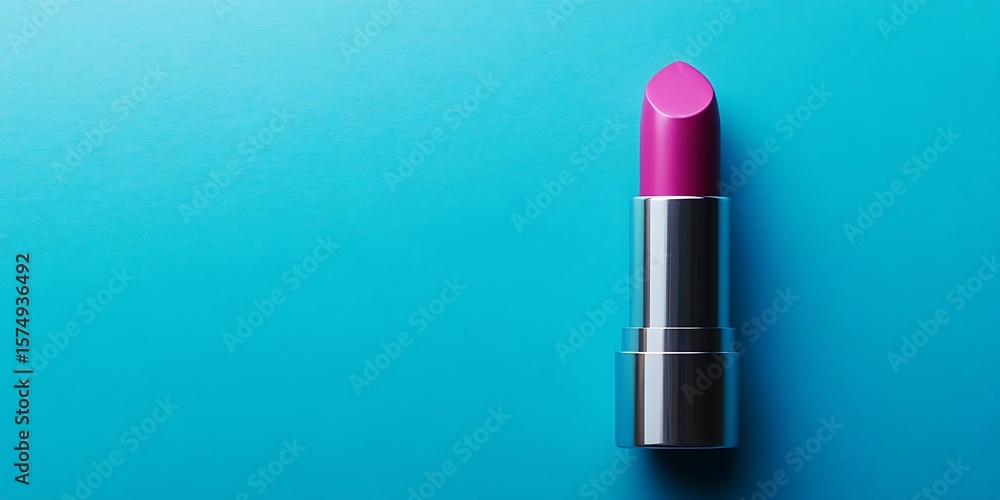 Obraz premium Stylish Pink Lipstick in a Sleek Tube on a Bright Blue Background Representing Beauty, Fashion, and Makeup Trends Perfect for Stock Images 