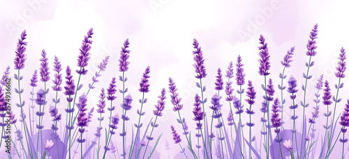 Watercolor Lavender Flowers Border with Purple Paint Splashes