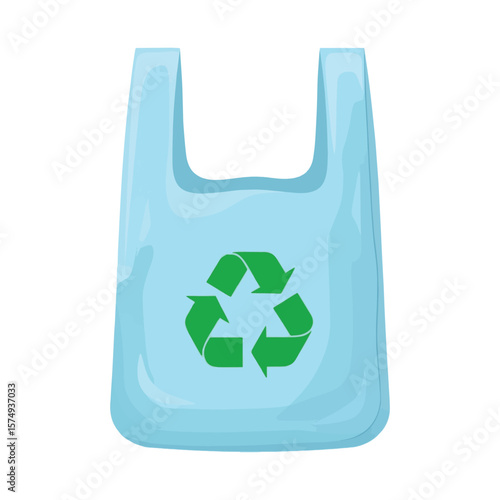 Light blue plastic shopping bag with green recycling symbol isolated on white background Art & Illustration