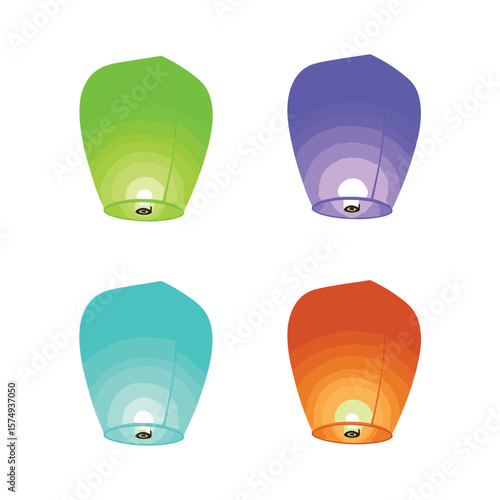 Four colorful sky lanterns floating upwards isolated on white background Art & Illustration
