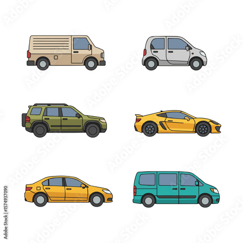 Collection of diverse cartoon vehicles isolated on white background Art & Illustration