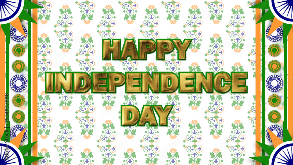 Fototapeta premium happy independence day greetings in golden texture text decorated with traditional pattern in indian flag colour.