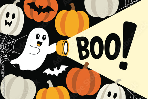 Halloween illustration with ghost holding flashlight pumpkins bats and the word boo in bold letters