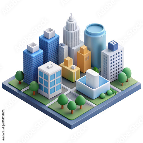 Isometric 3d cityscape with modern buildings and green trees isolated on transparent background