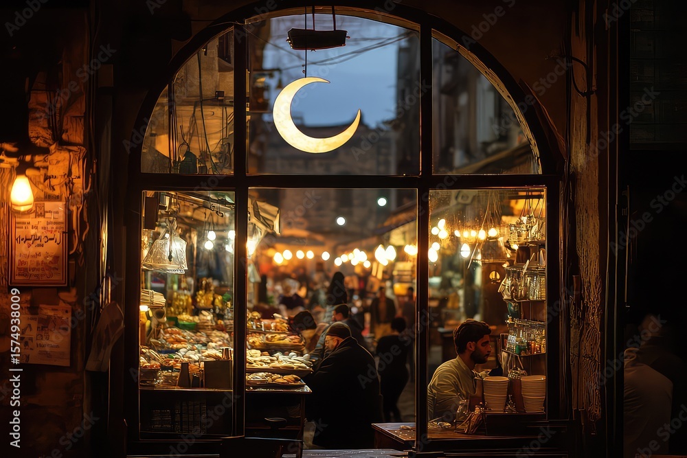 Obraz premium A vintage window with a view of a bustling market, illuminated by the soft light of the crescent moon