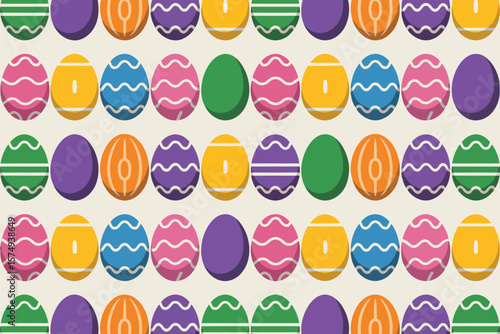 Pattern of colorful easter eggs with various designs arranged in neat rows on a light background
