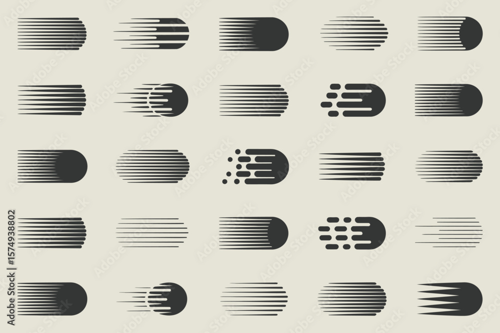 Obraz premium A grid of black and white speed line icons representing motion and velocity in various styles and shapes