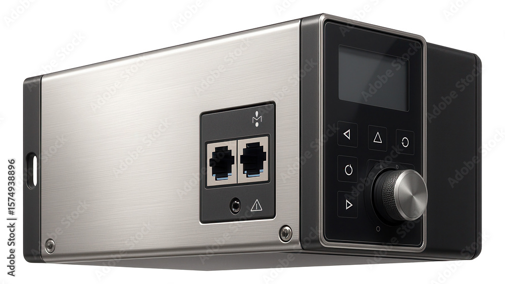 Obraz premium Rack-mounted frequency inverter with modular design and Ethernet connectivity for automated production lines in electronics factories