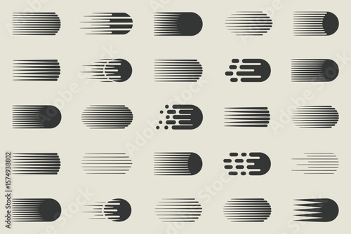 A grid of black and white speed line icons representing motion and velocity in various styles and shapes