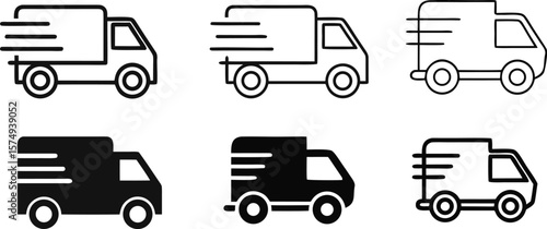 Set of six simple delivery truck icons in black and white outline and solid fill styles conveying speed and movement