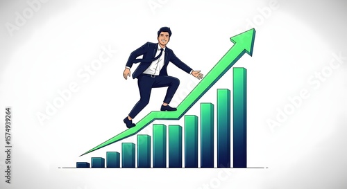 Cartoon man in business suit running up a bar graph chart, A cartoon-styled business success, with a suited man on a trending green graph