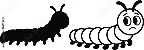 Cute cartoon caterpillar character with a sad expression next to a silhouette