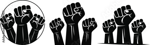 Collection of black raised fist symbols representing power unity and protest