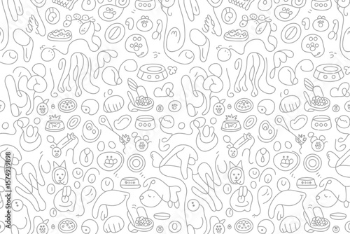 A seamless pattern of dog related doodles including dogs bones and food bowls on a white background