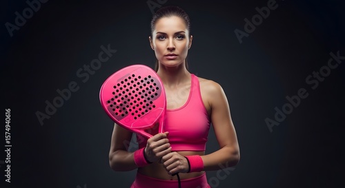 Confident female padel player poses with pink paddle against dark background.