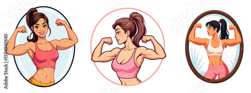 Young woman flexing muscles in mirror and showing strength  