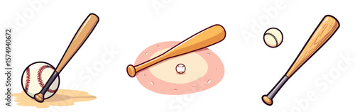 Illustration of baseball bat, ball, and base in playful style  