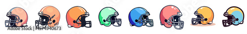 Colorful football helmets displayed in a row for sport concept  