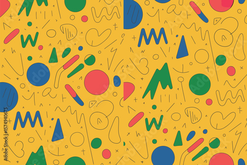 A yellow background filled with various shapes and lines in different colors and orientations scattered about
