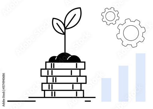 Plant sprouting atop stacked coins symbolizes growth, teamwork, and investment. Gears and bar chart complement innovation and progress. Ideal for business, finance, ecology, strategy, startups