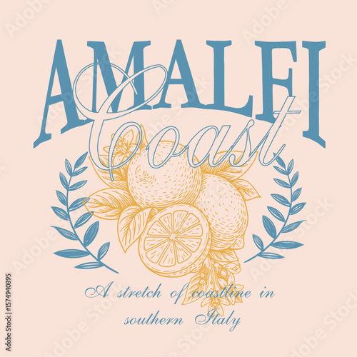 Amalfi lemons la dolce vita  print design.  t-shirt design for Amalfi vibes. College typography for lemon artwork. summer fruit print graphics in vector.