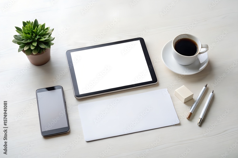Modern desk setup with tablet smartphone coffee and plant for productivity Modern desk setup with tablet smartphone coffee and plant for productivity
