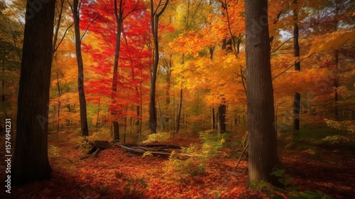 Autumn Forest with Vivid Red Leaves.