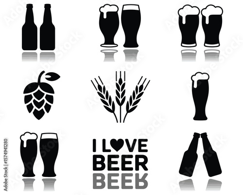Minimalist Beer-Themed Icon Set – Bottles, Mugs, Hops, and Wheat with Reflections
