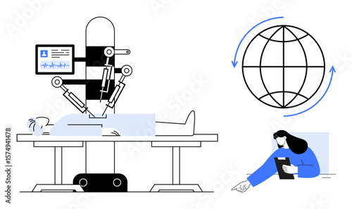 Advanced surgical robot operating on a patient, doctor supervising remotely using a tablet, globe symbolizing interconnected healthcare. Ideal for technology, healthcare, innovation, telemedicine