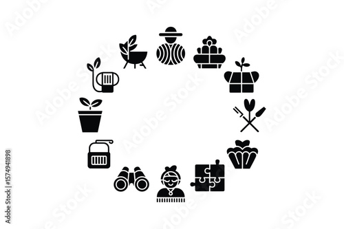 Gardening icons arranged in a circle plants pots