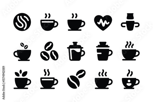 Coffee cup icons with steam and beans beverage drink