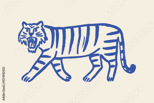 Tiger walking naive hand drawn sketch style vector illustration

