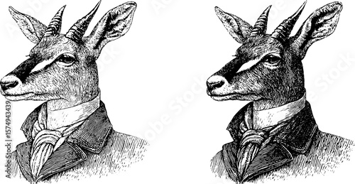 Engraved antelope in long coat - whimsical animal portrait for creative design
