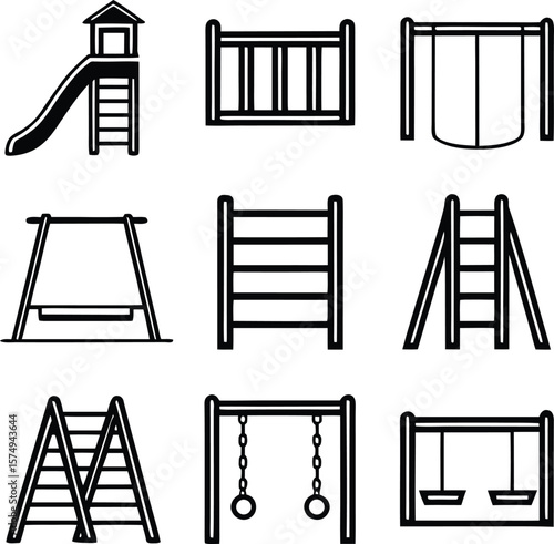 Black and white illustration of playground equipment including swings slides climbing frames and rings