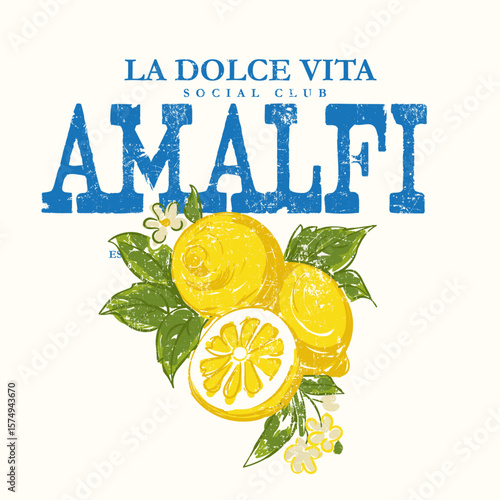 t-shirt design for Amalfi vibes. Amalfi lemons la dolce vita with bow print design. vintage grunge texture for lemon artwork. summer fruit print graphics in vector.