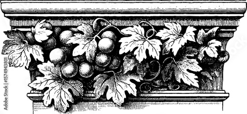 Ornate engraved arch frieze with leaf and grape motif for classical decor