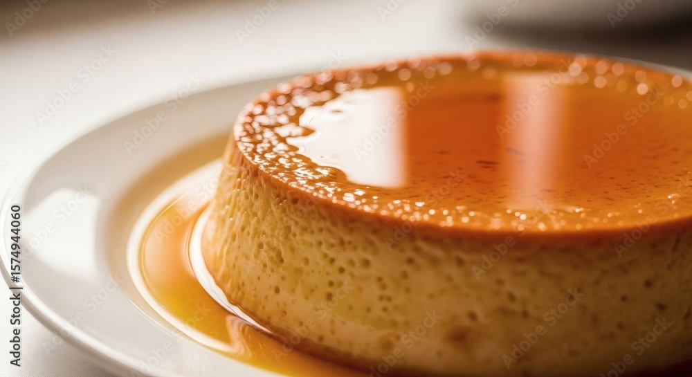 Golden perfection caramelized custard dessert presented on a pristine plate Golden perfection caramelized custard dessert presented on a pristine plate