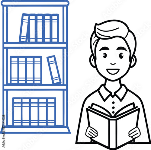 Cartoon man reading open book near blue bookshelf filled with books vector
