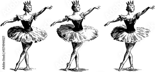 Vintage engraved ballet dancer set in tu tu for artistic design and decor