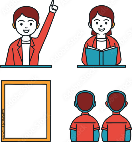 Cheerful student raising hand and reading book with classmates and frame learning