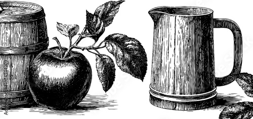 Rustic cider barrels and apples engraving for vintage design projects