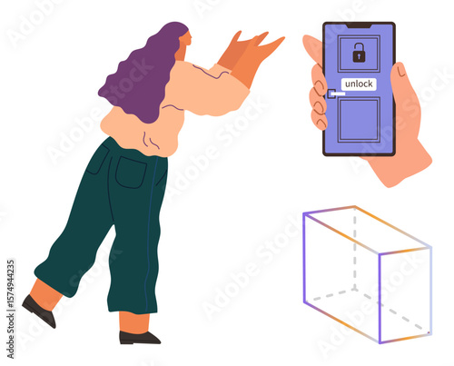 Wallpaper Mural Woman reaches out toward a virtual concept, hand holds a phone with unlock feature, and a transparent 3D box. Ideal for technology, innovation, access, security, freedom, interactivity simple flat Torontodigital.ca