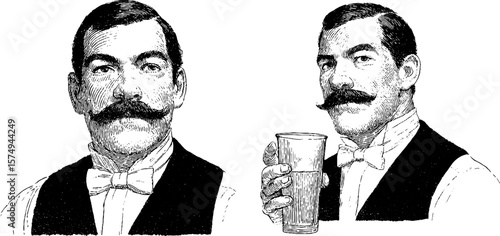 Vintage bartender engraving set with bow tie and vest for retro design projects