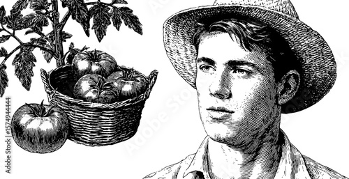 Vintage engraved illustration of farmer with basket of tomatoes