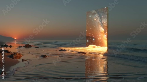 Cosmic portal appears on tranquil beach at sunset revealing a galaxy of stars and light